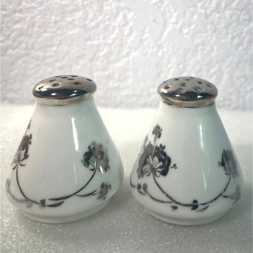 Vintage Bavaria Porcelain‎ Salt & Pepper Shakers Silver Floral Trim Germany  MCM